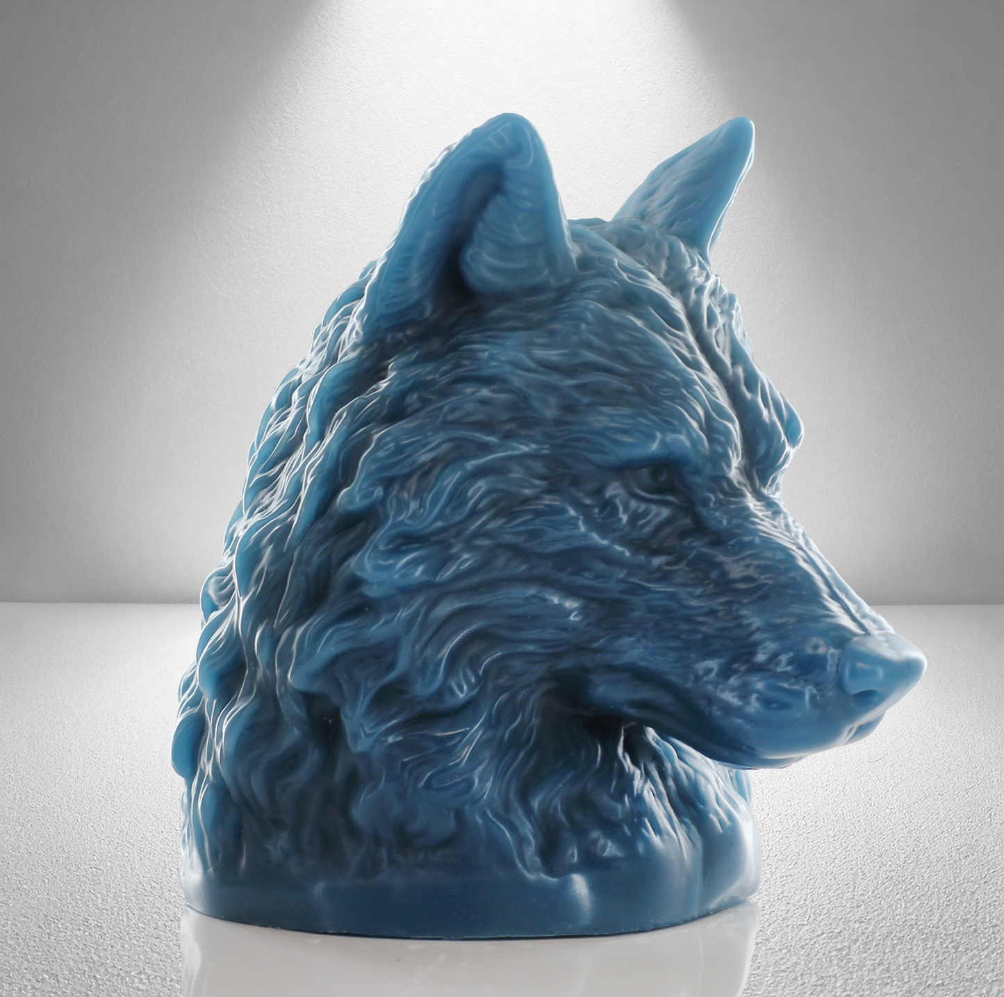 Large Teal unscented candle shaped like a wolf's head, featuring intricate fur details and a bold, majestic design.