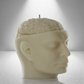 Soy candle shaped like a human head with an exposed brain design, featuring a wick on top. Cream-colored with fine details