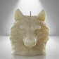 Front view of large soy unscented candle shaped like a wolf's head, featuring intricate fur details and a bold, majestic design.