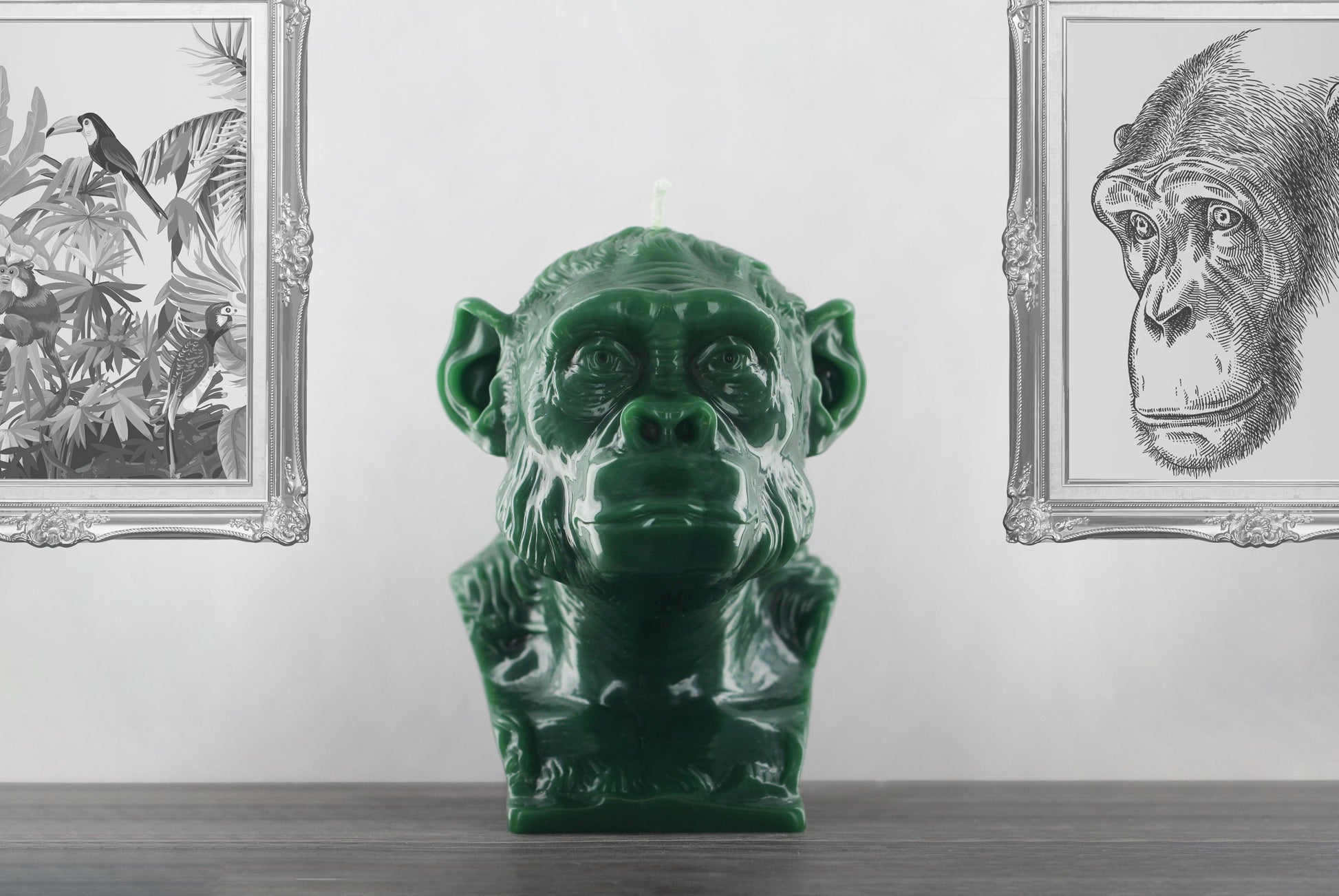 Large tropical green coloured chimpanzee bust shaped candle titled 'Akira'. Handmade by Wonders in Wax in Poole, England.