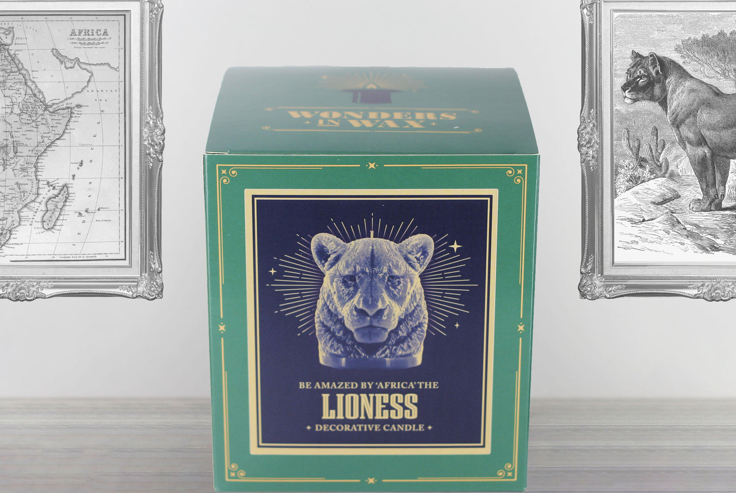 Retail Box Packaging for Large 3D Lioness Bust Candle in Golden Sands Colour, Handmade by Wonders in Wax in Poole, England.